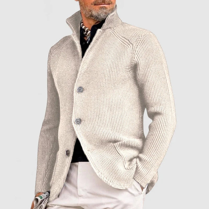 Warm men's ribbed knit cardigan with a shawl collar, perfect outerwear for layering in fall and winter style.