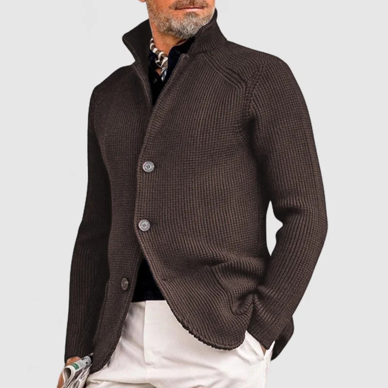 Side view of a men's ribbed knit cardigan, showcasing its relaxed fit and cozy style for cooler days.