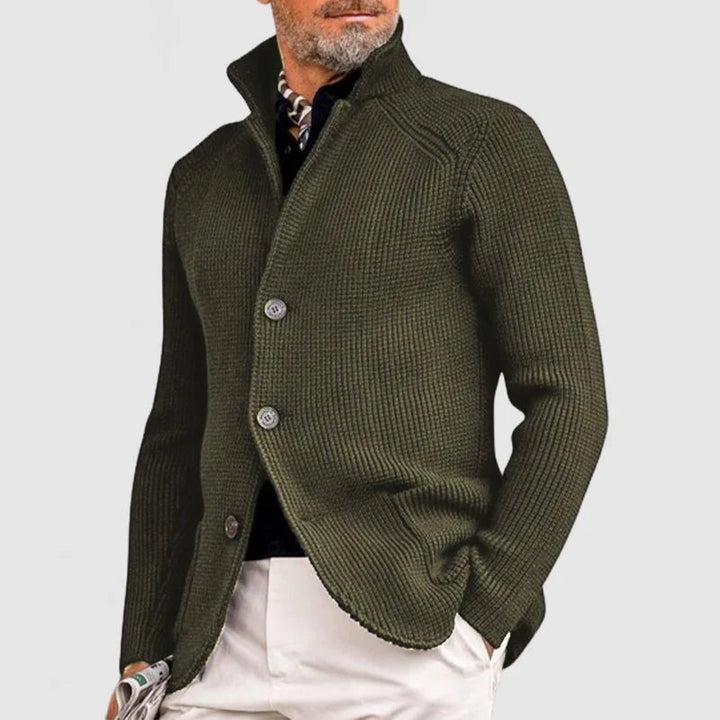 Comfortable men's knitwear: a ribbed shawl collar cardigan, soft and cozy for everyday casual wear.
