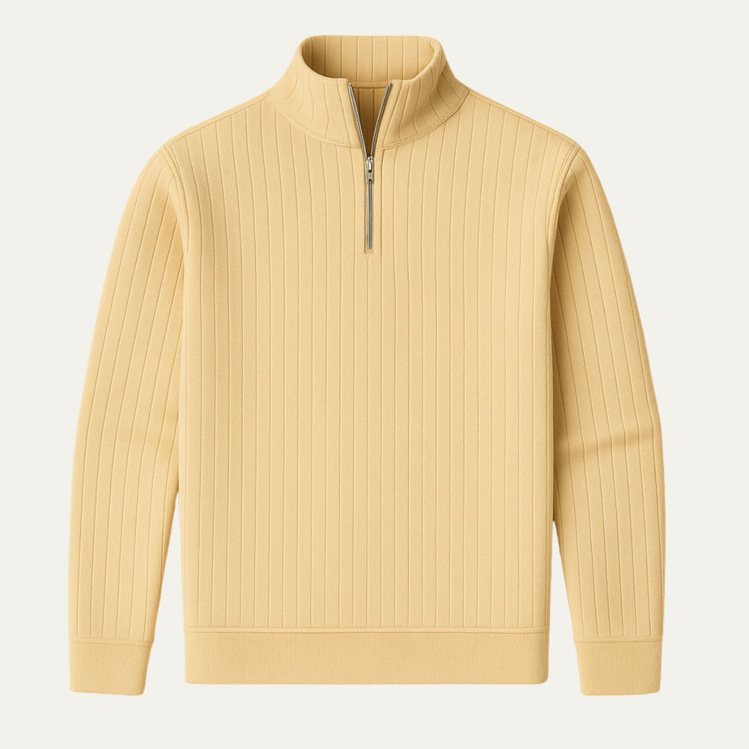 Men's ribbed knit half zip sweater with cozy stand collar. Perfect for versatile winter fashion.