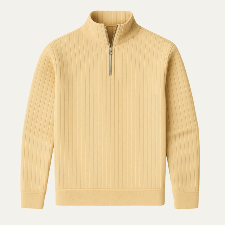 Men's ribbed knit half zip sweater with cozy stand collar. Perfect for versatile winter fashion.