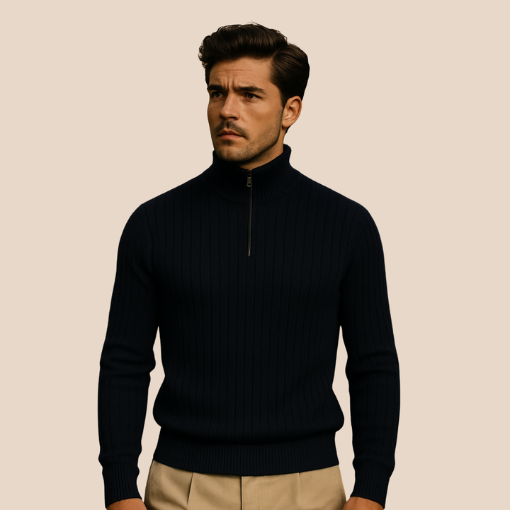 Warm men's ribbed knit half zip jumper with a comfortable stand collar for chilly weather.