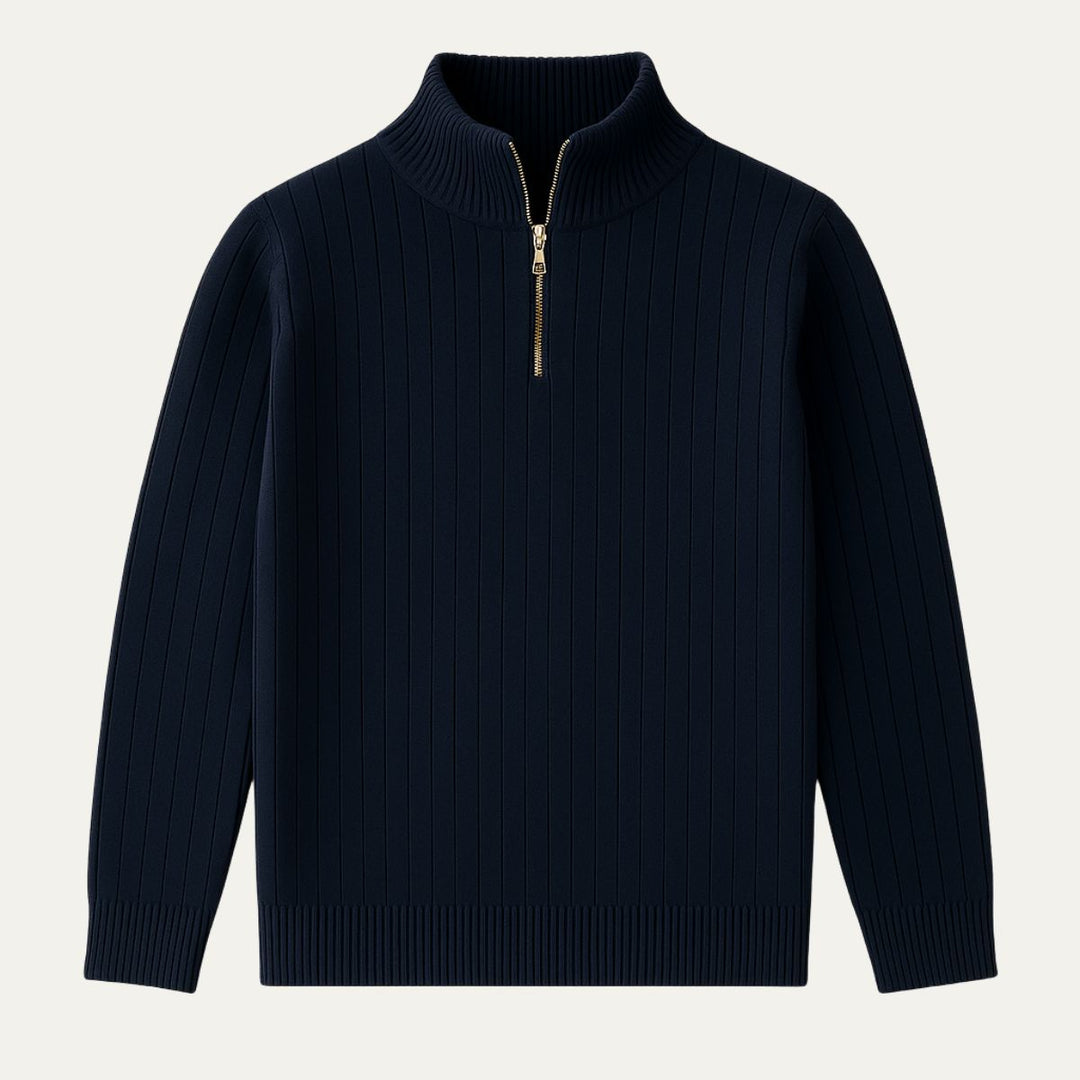 Stylish men's ribbed knit jumper. Half zip and stand collar for a cozy, versatile winter look.