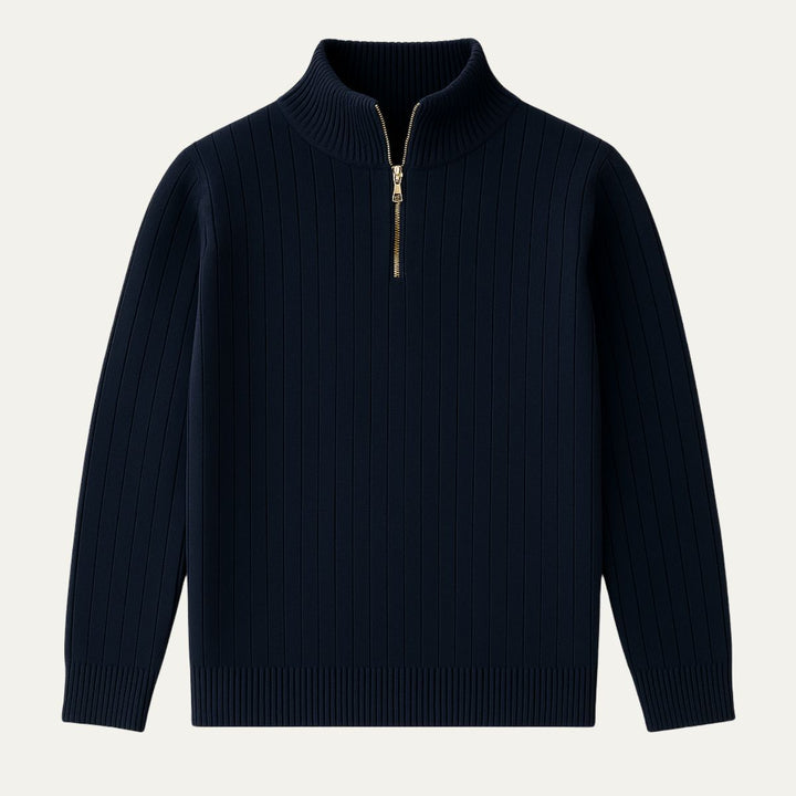Stylish men's ribbed knit jumper. Half zip and stand collar for a cozy, versatile winter look.