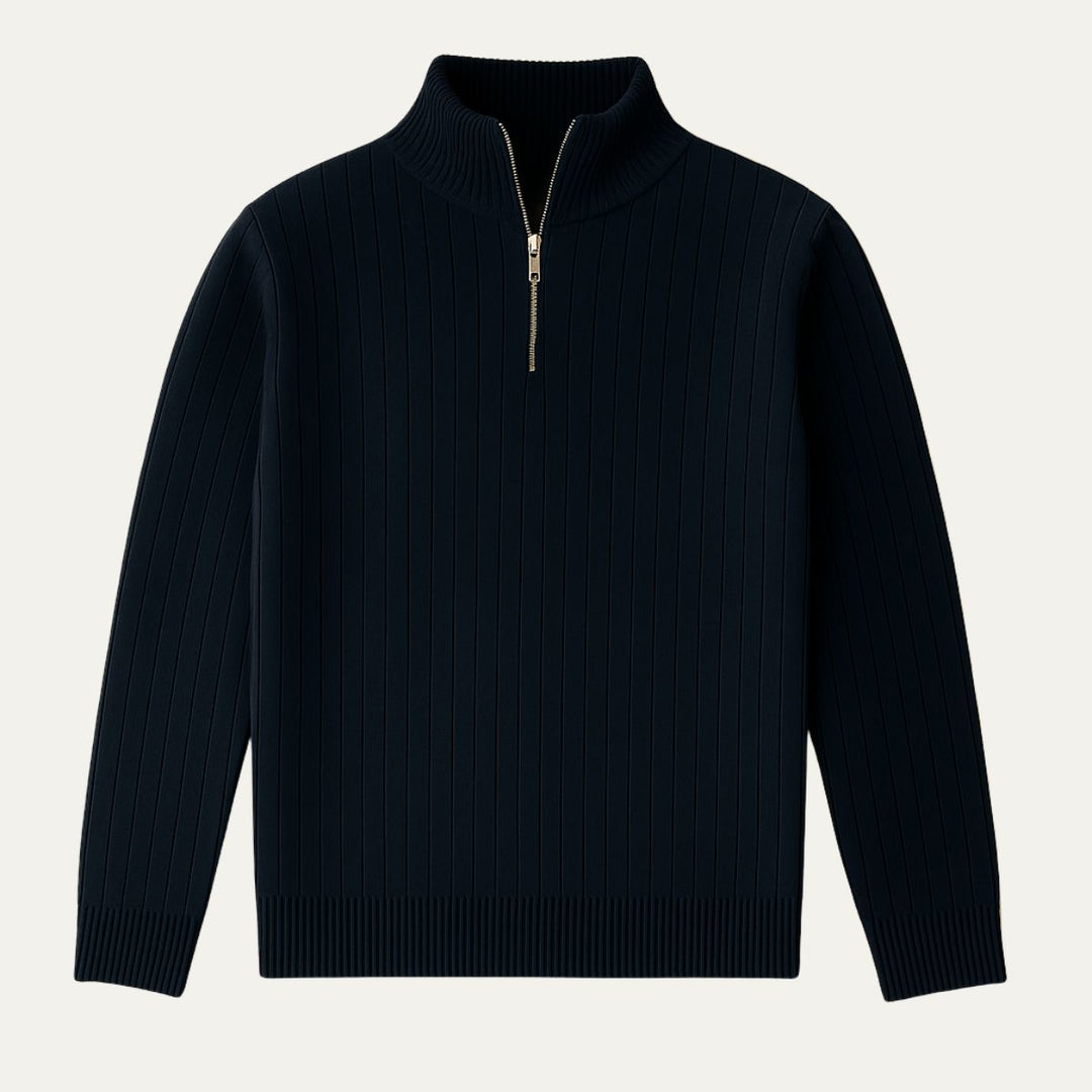 Cozy men's half zip sweater. Ribbed knit, long sleeve, and stand collar for warmth and style.