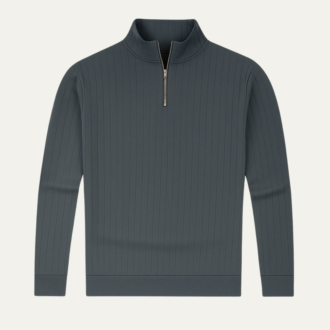 Versatile men's ribbed knit half zip pullover, ideal for winter layering. Stand collar for extra warmth.