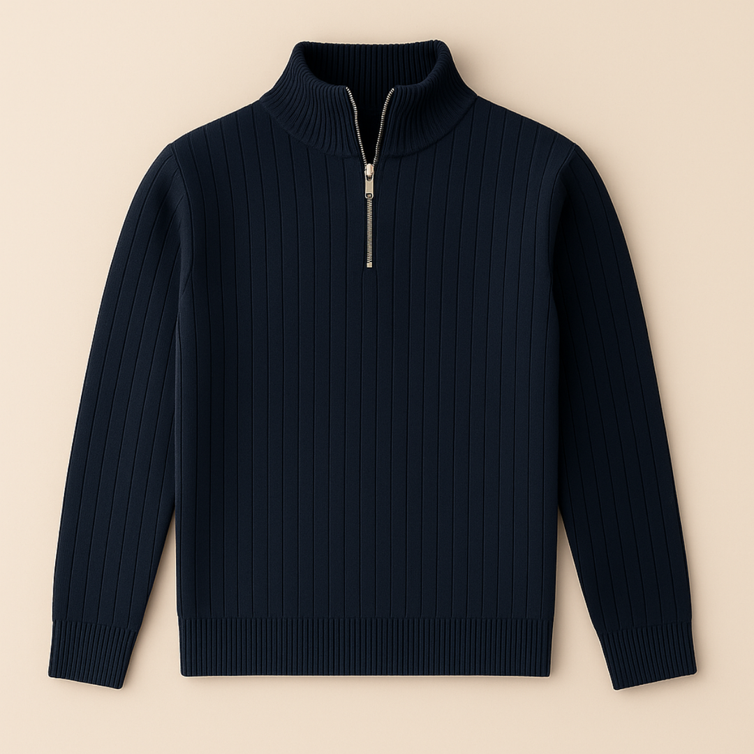 Modern men's fashion: Ribbed knit half zip long sleeve pullover. Cozy stand collar jumper style.