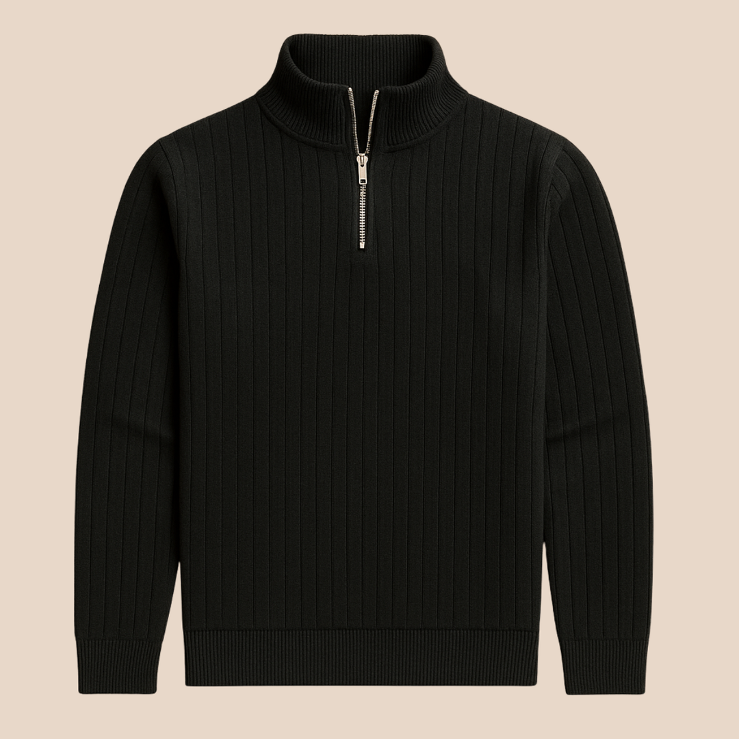 Close-up of men's ribbed knit half zip sweater. Details of stand collar and texture.