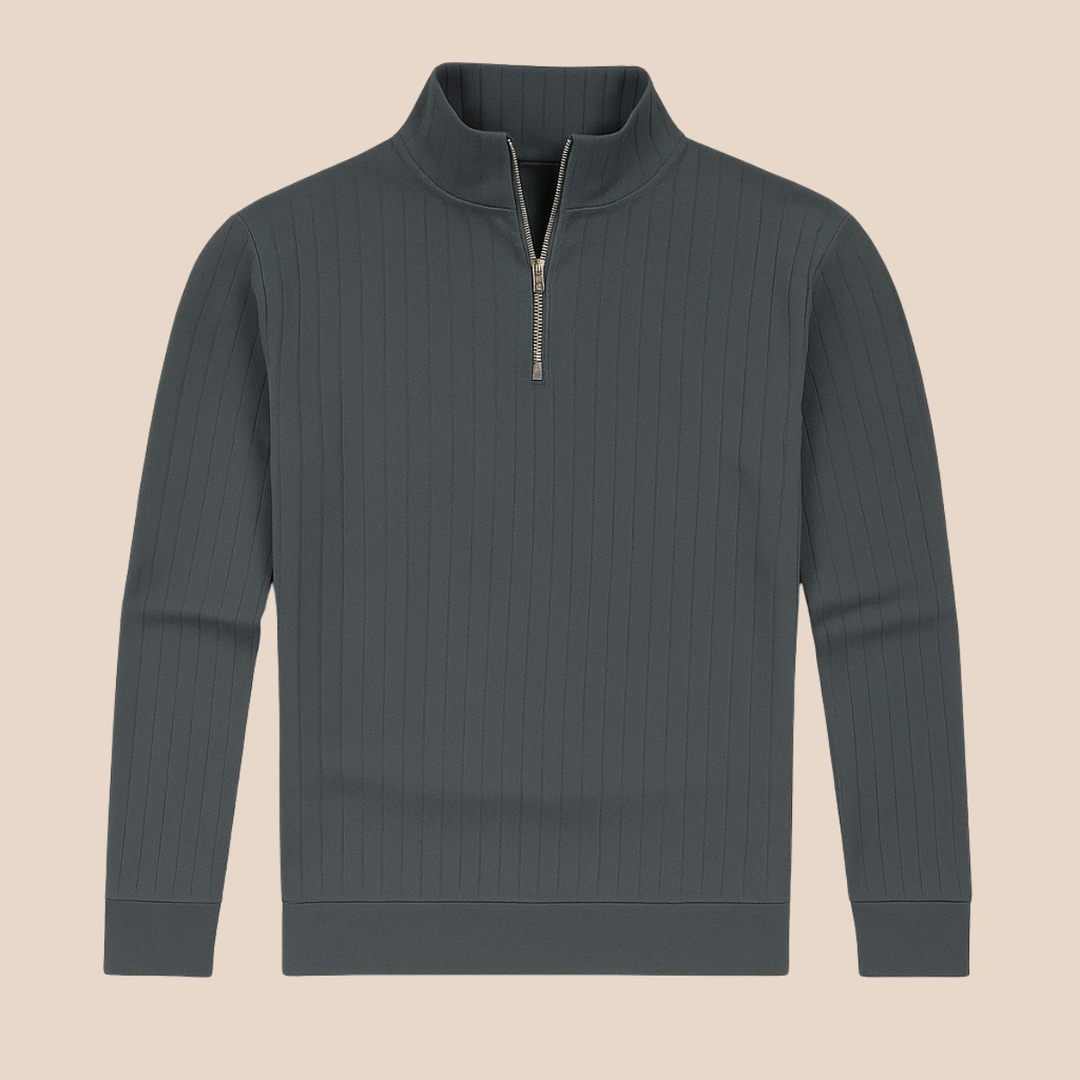 Men's cozy ribbed knit half zip sweater, perfect for casual or dressed-up winter outfits.