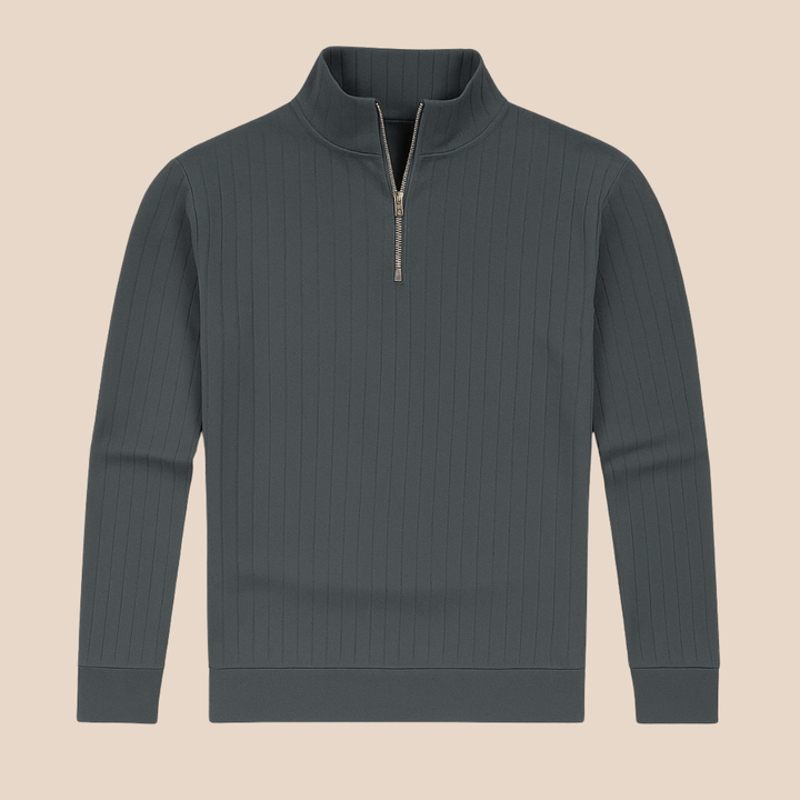 Men's cozy ribbed knit half zip sweater, perfect for casual or dressed-up winter outfits.