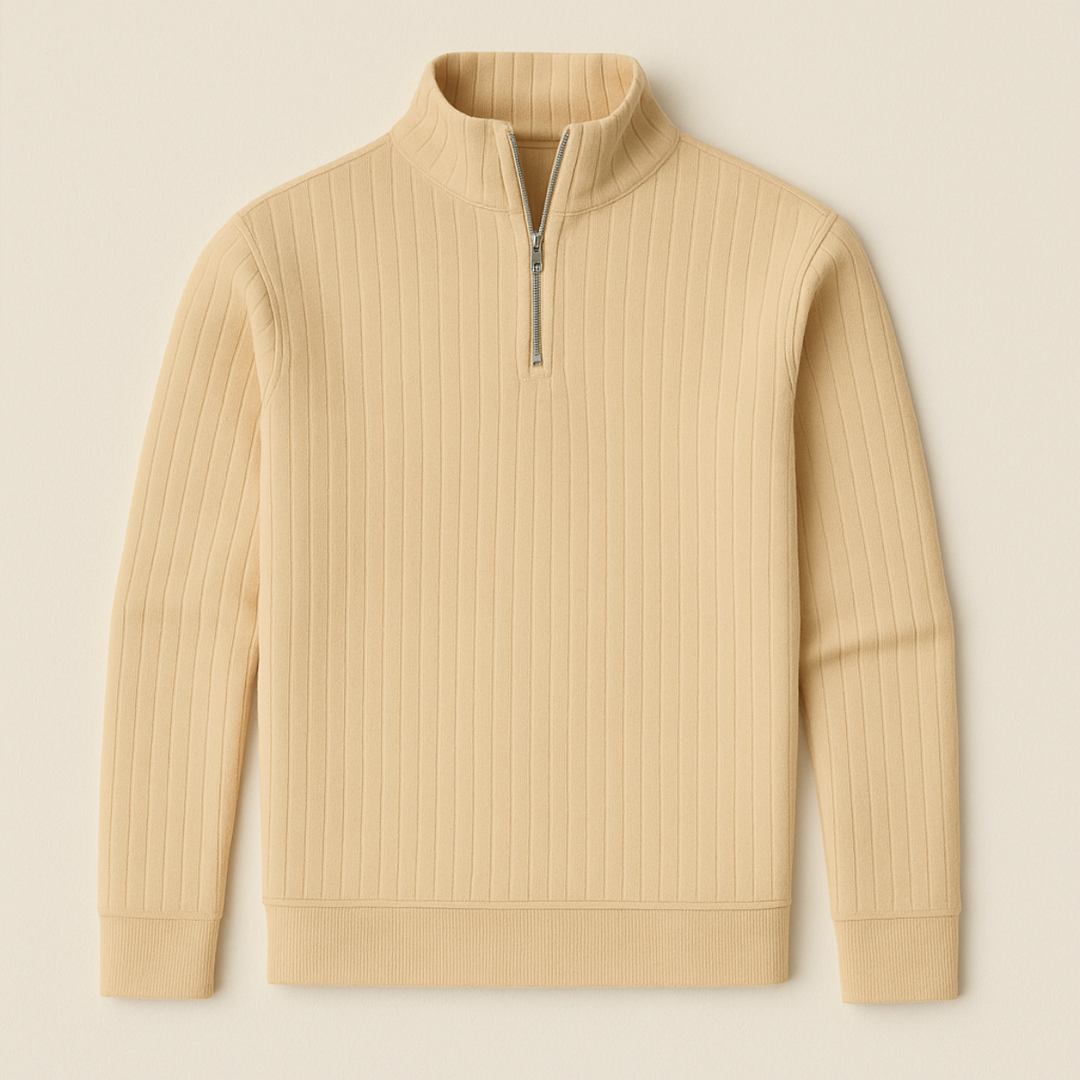 Full view of men's ribbed knit half zip sweater, showcasing stand collar and versatile fashion.