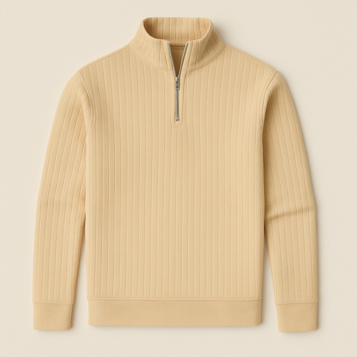 Full view of men's ribbed knit half zip sweater, showcasing stand collar and versatile fashion.