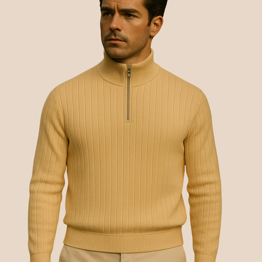 Elegant men's long sleeve half zip sweater in a ribbed knit. Features a stylish stand collar.