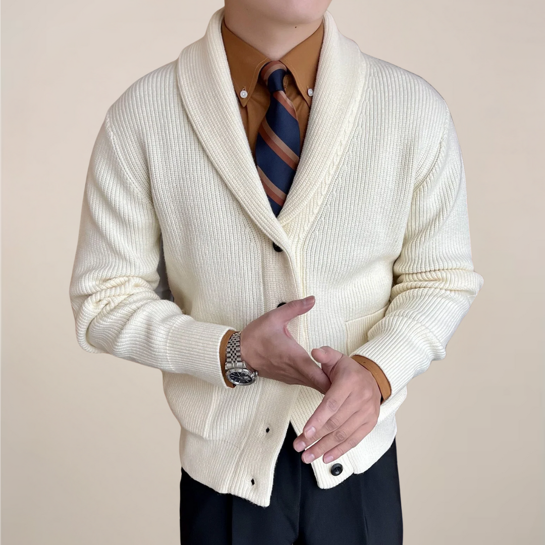 Men's ribbed knit shawl collar cardigan sweater. Smart-casual button-up design, perfect for autumn layering.