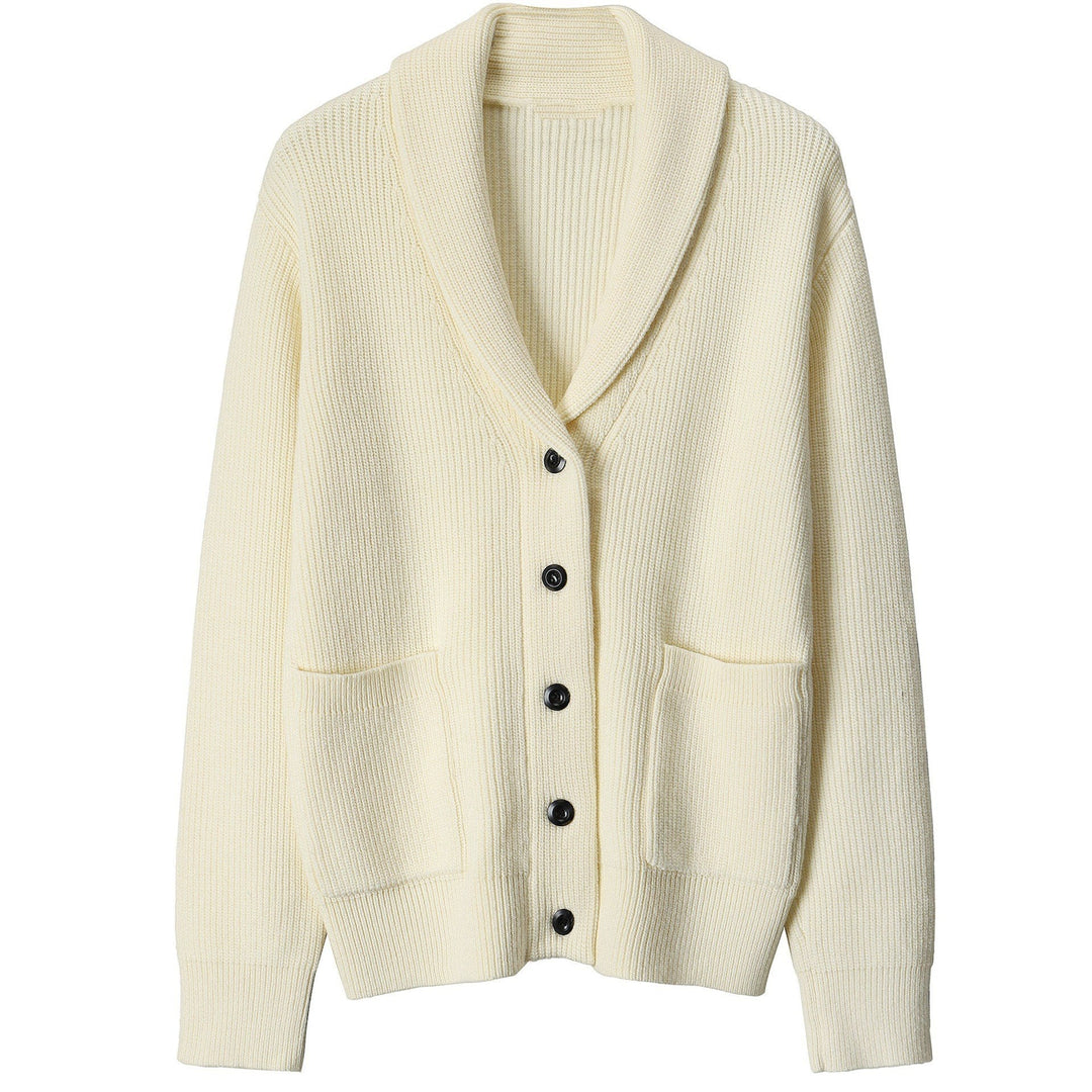 Relaxed fit men's ribbed knit cardigan with elegant shawl collar. Long sleeve, versatile for smart-casual autumn fashion.
