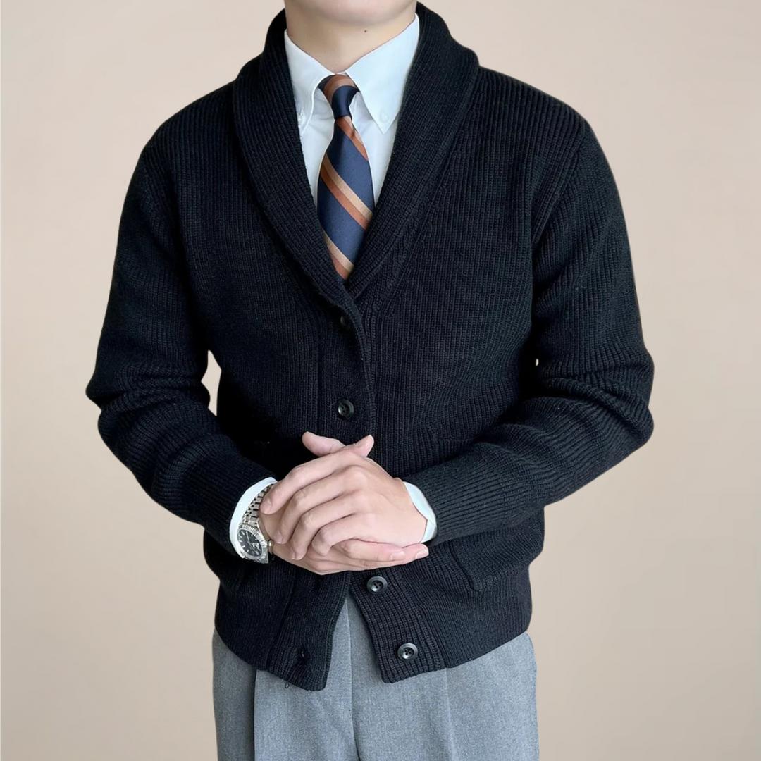 Autumn/winter men's fashion: smart-casual button-up ribbed knit shawl collar cardigan sweater, ideal for layering.