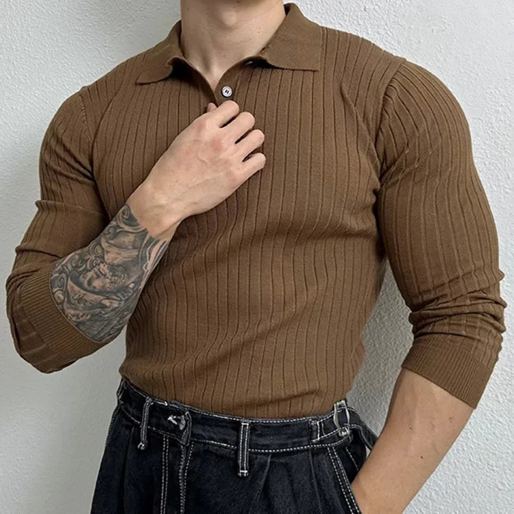 Men's ribbed knit slim fit shirt in grey, made from cotton blend, ideal for casual modern style