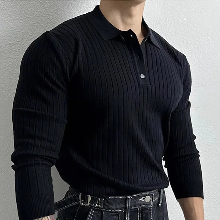 Close-up of a men's long sleeve ribbed knit slim fit shirt, showcasing the knit texture