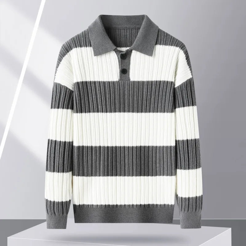 Men's ribbed knit sweater with navy and white stripes, long sleeve for casual wear.
