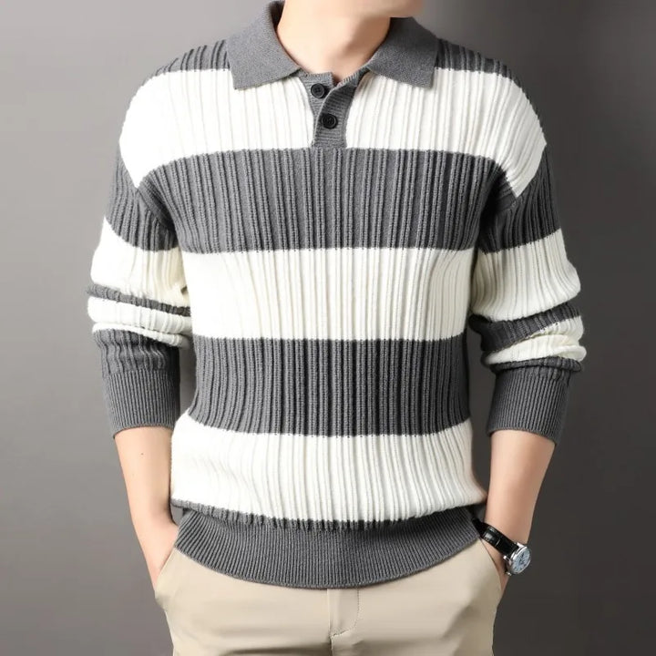 Stylish men's striped crew neck pullover, ribbed texture, perfect for everyday fashion.