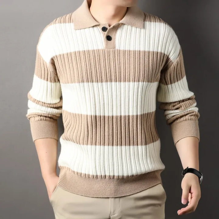 Casual men's long sleeve sweater featuring a classic striped pattern and ribbed knit detail.