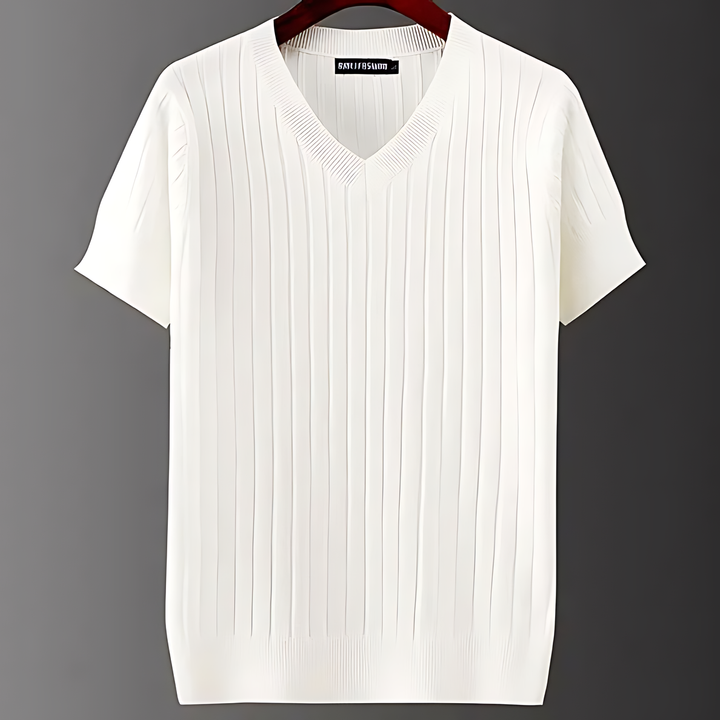 Men's ribbed knit V-neck summer shirt in a slim fit, perfect for casual warm weather style.