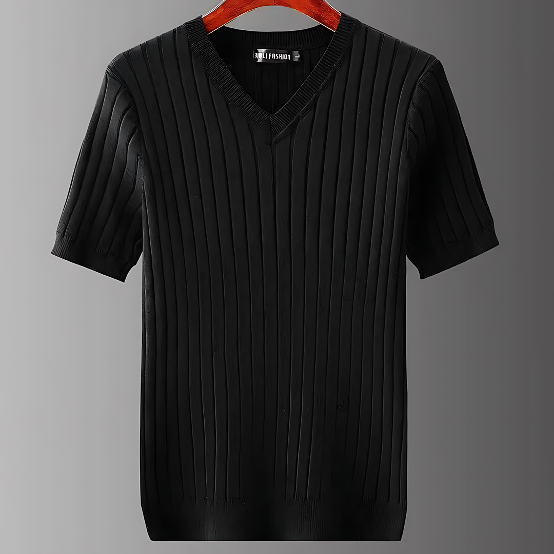 Versatile men's short sleeve ribbed knit V-neck shirt, ideal for warm weather casual wear.