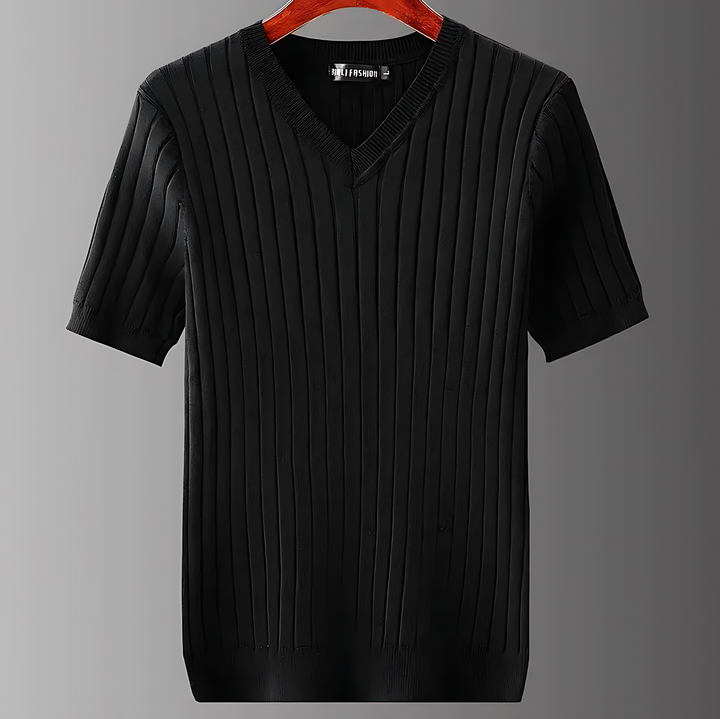 Versatile men's short sleeve ribbed knit V-neck shirt, ideal for warm weather casual wear.