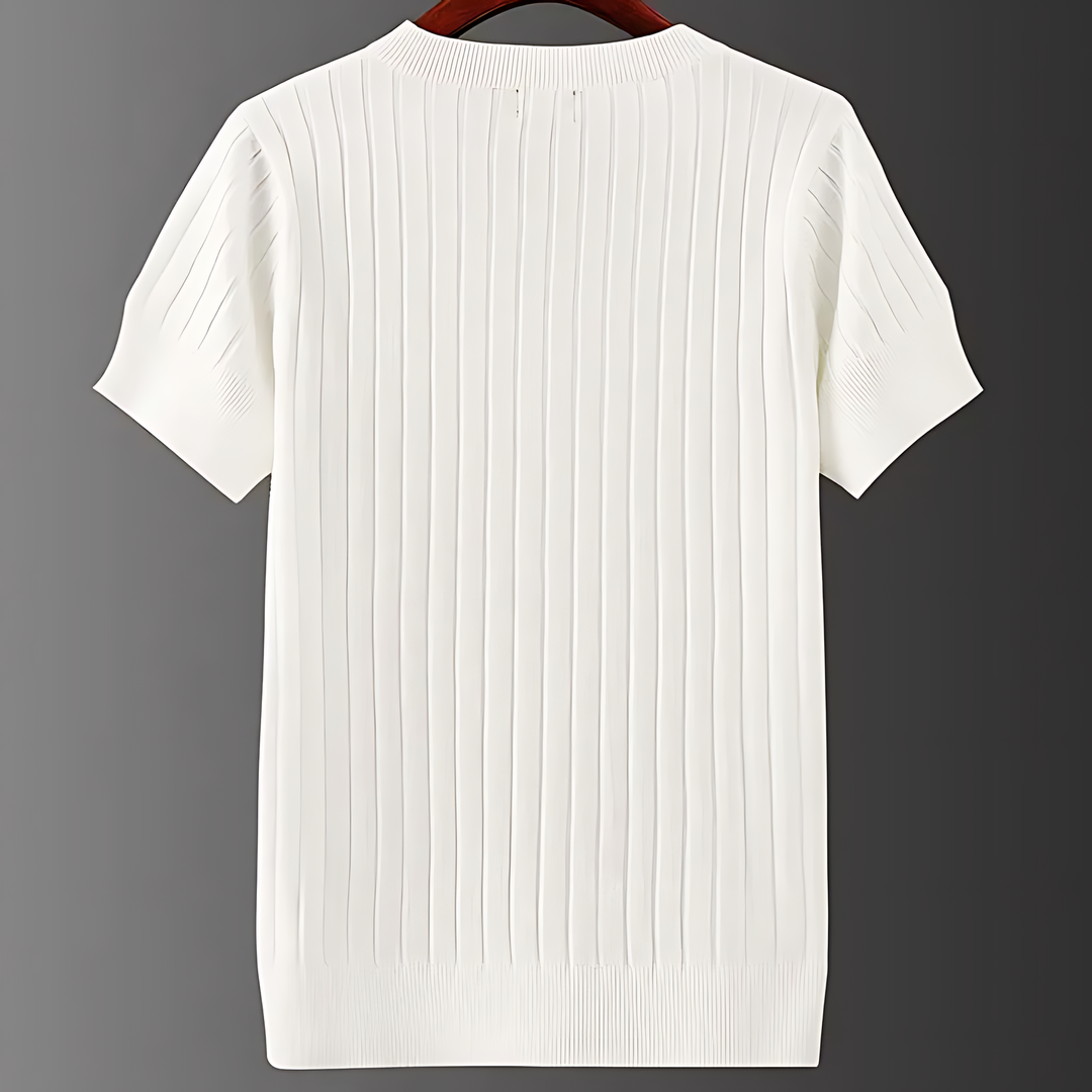 Stylish men's slim-fit V-neck ribbed knit shirt, great for summer casual outfits.