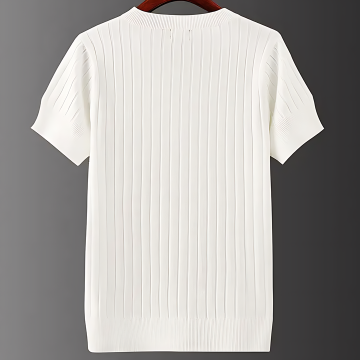 Stylish men's slim-fit V-neck ribbed knit shirt, great for summer casual outfits.