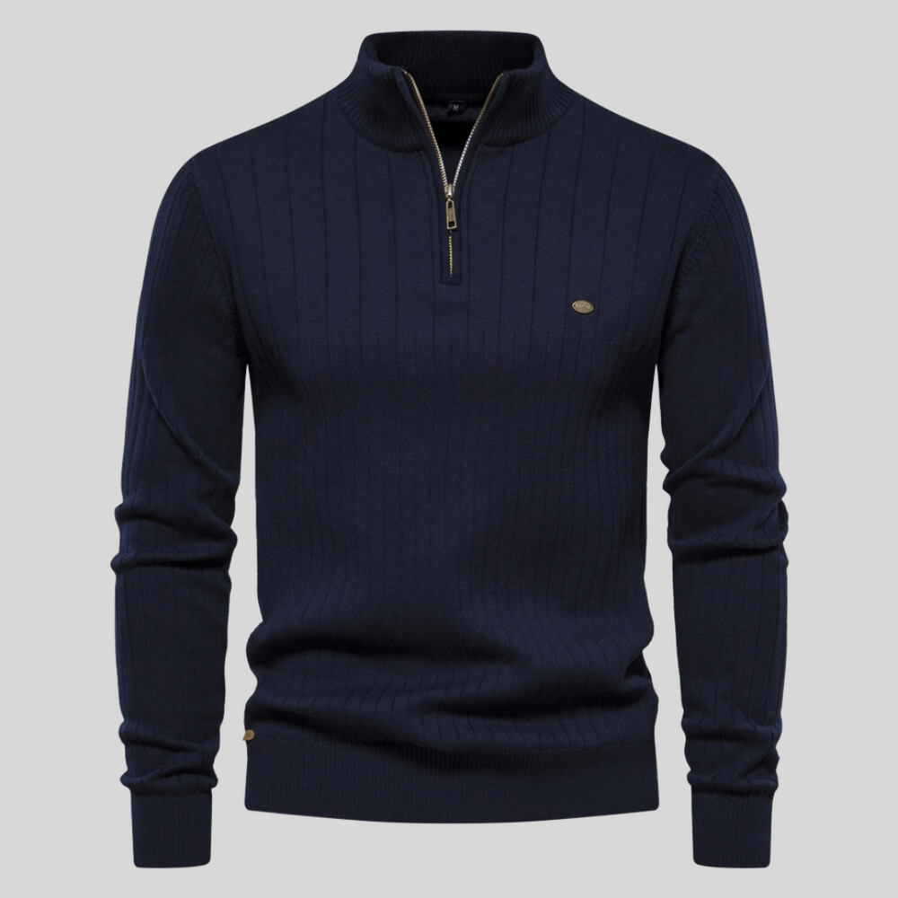 Men's ribbed mock neck half zip sweater. Stylish and warm for casual or smart casual occasions.