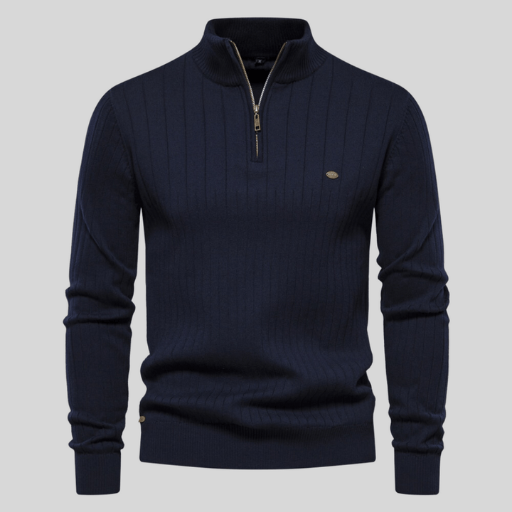 Men's ribbed mock neck half zip sweater. Stylish and warm for casual or smart casual occasions.