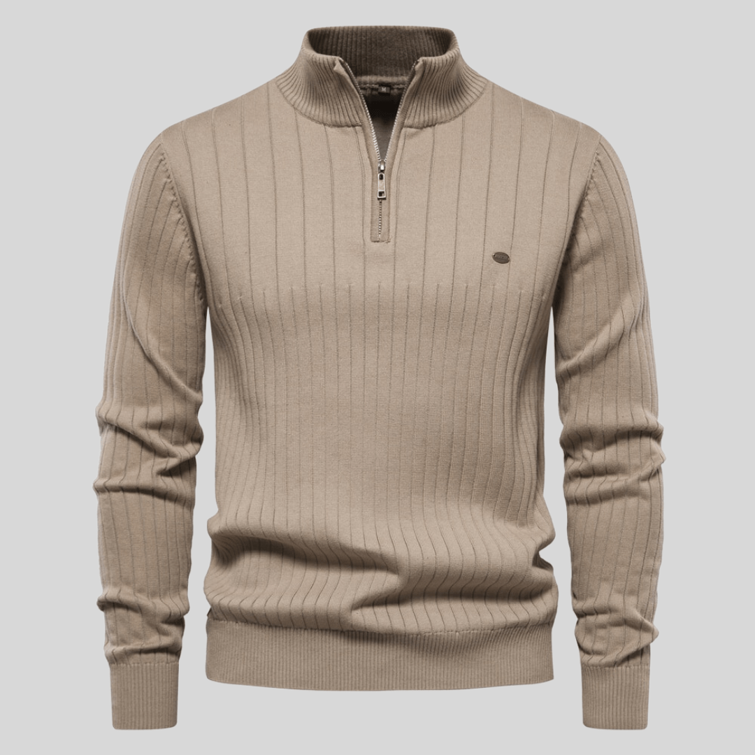 Classic men's ribbed mock neck half zip sweater, essential men's fashion for a polished look.