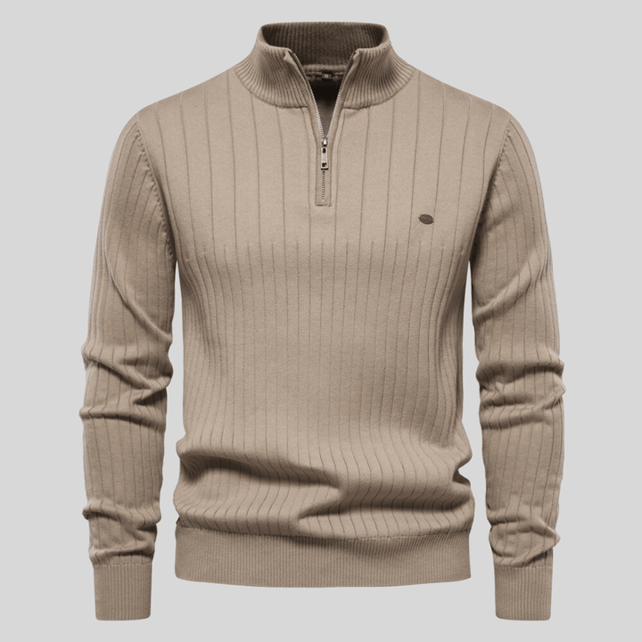Classic men's ribbed mock neck half zip sweater, essential men's fashion for a polished look.