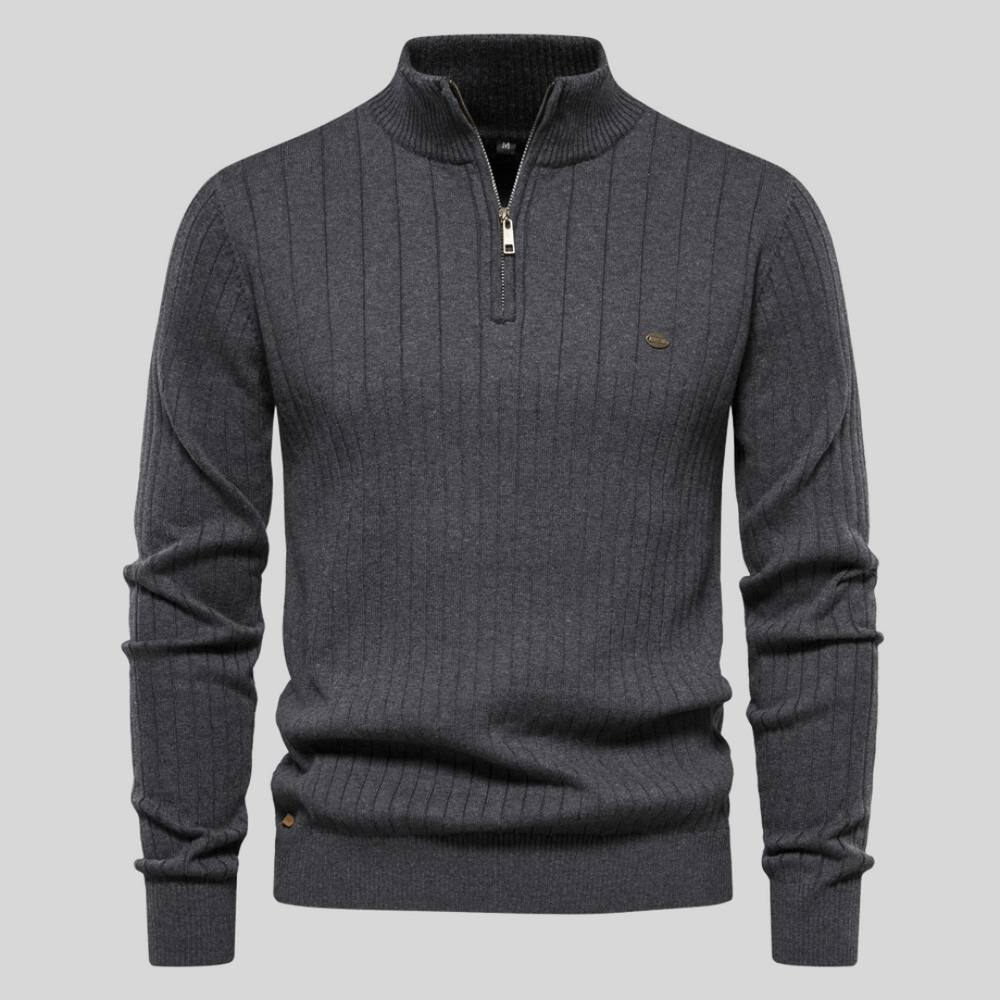 Modern men's ribbed mock neck half zip sweater, offering a sophisticated yet casual clothing option.