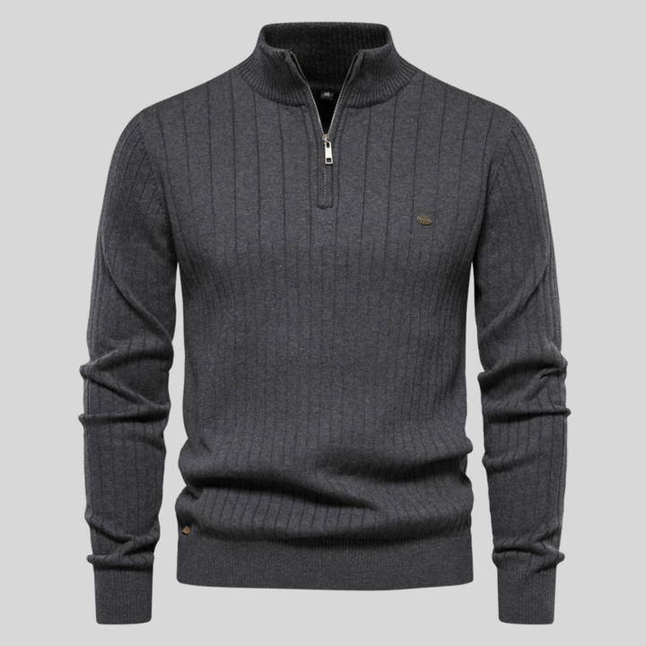 Modern men's ribbed mock neck half zip sweater, offering a sophisticated yet casual clothing option.