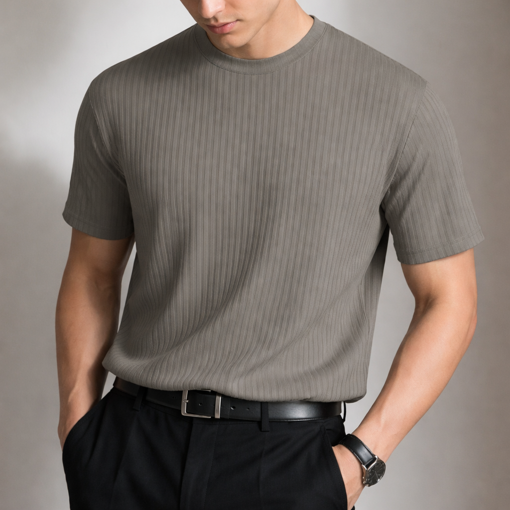 Brown men's ribbed sculpted fit t-shirt. Tailored slim fit for a sharp smart casual look.