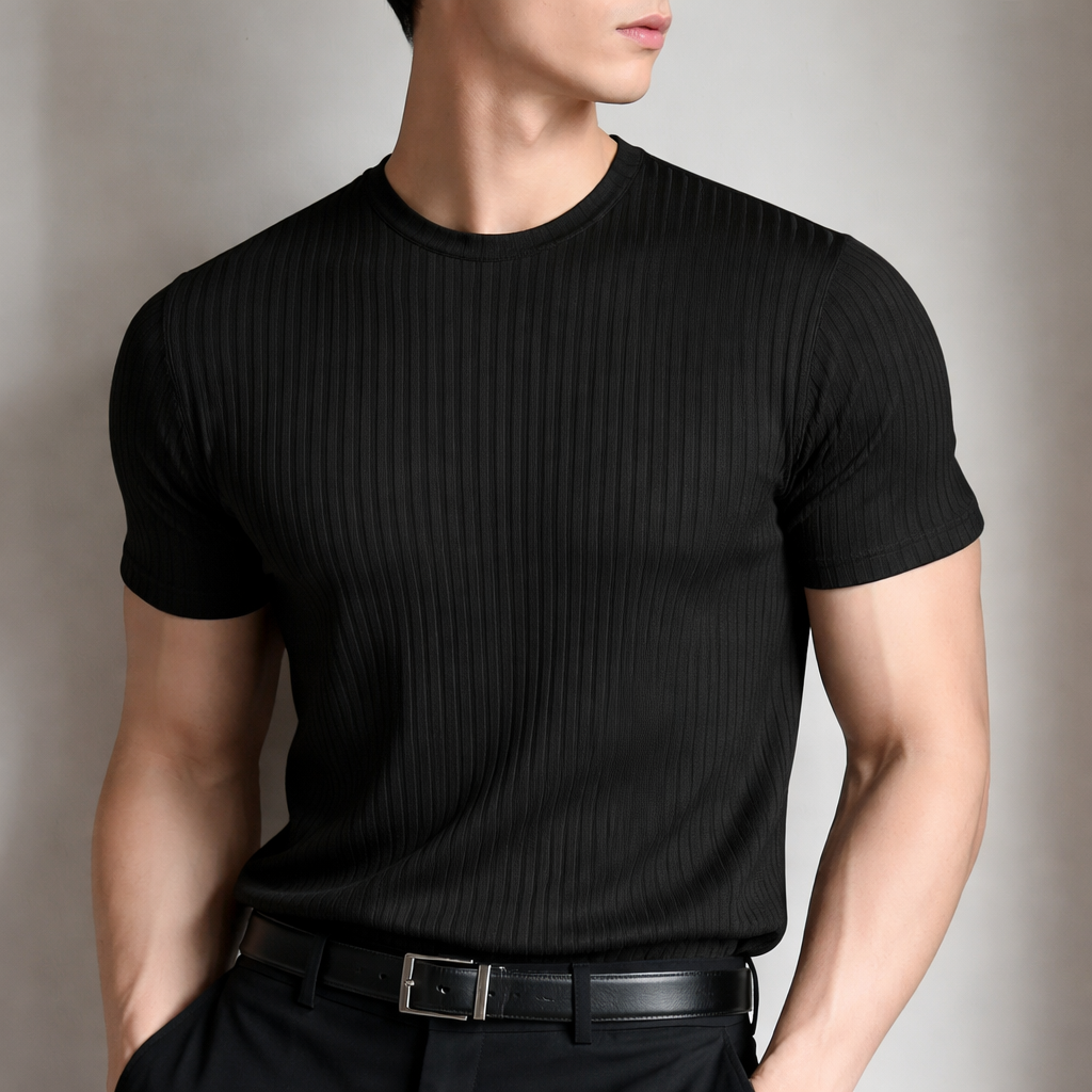 Gray men's ribbed sculpted fit t-shirt. Short sleeve o-neck, perfect for everyday sharp style.