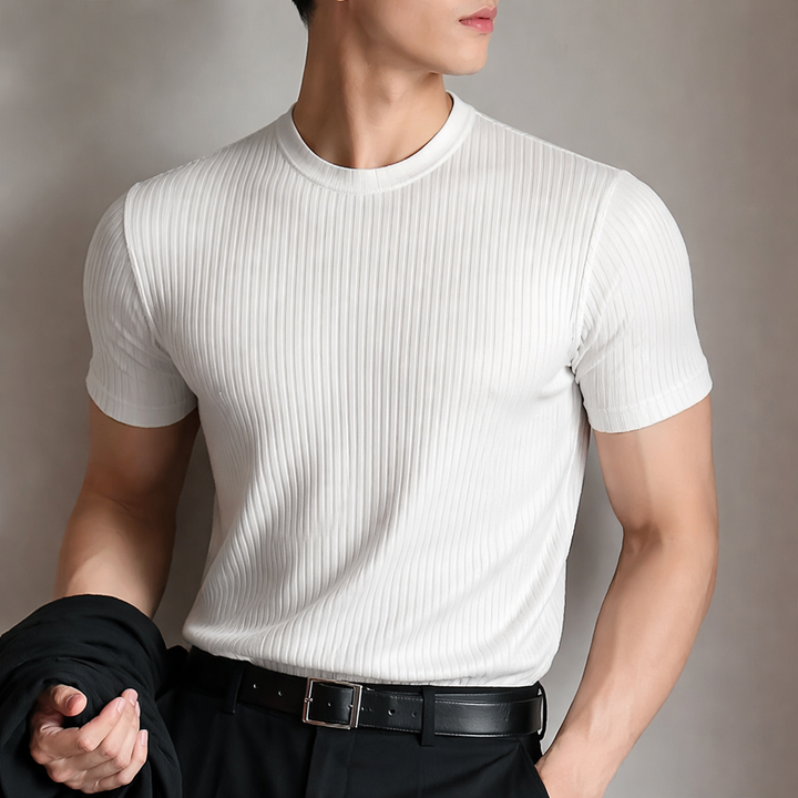 Black men's ribbed sculpted fit t-shirt. Sharp tailored slim fit for smart casual wear.