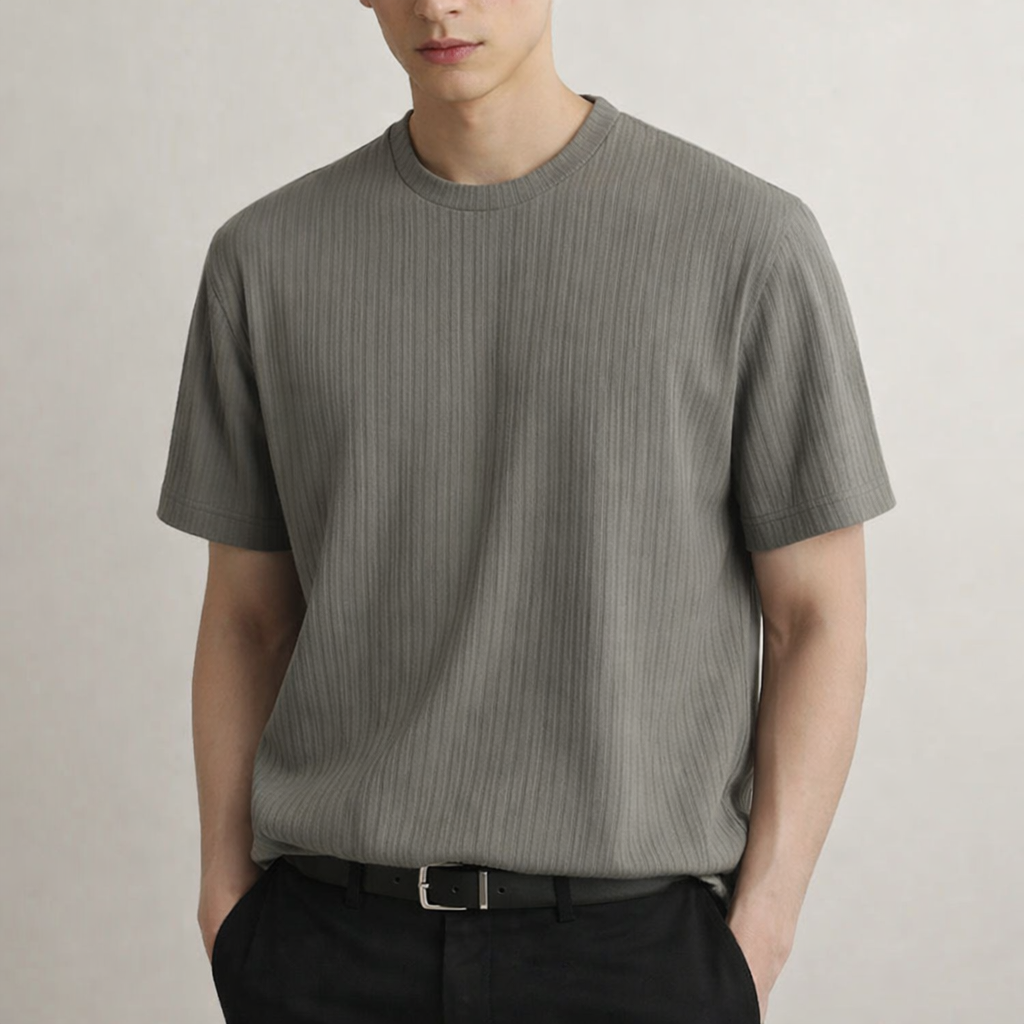 White men's ribbed sculpted fit t-shirt. Everyday o-neck short sleeve for a clean, tailored look.