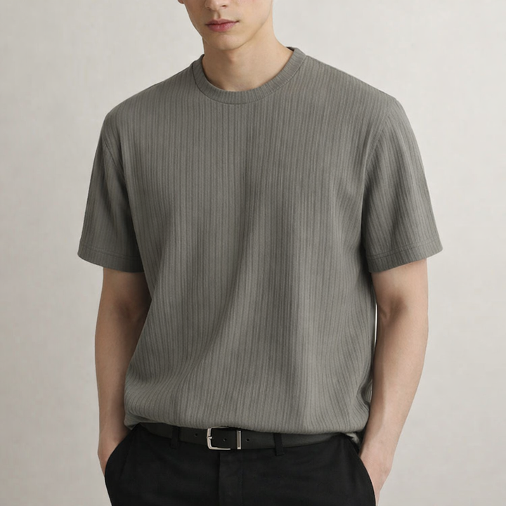 White men's ribbed sculpted fit t-shirt. Everyday o-neck short sleeve for a clean, tailored look.