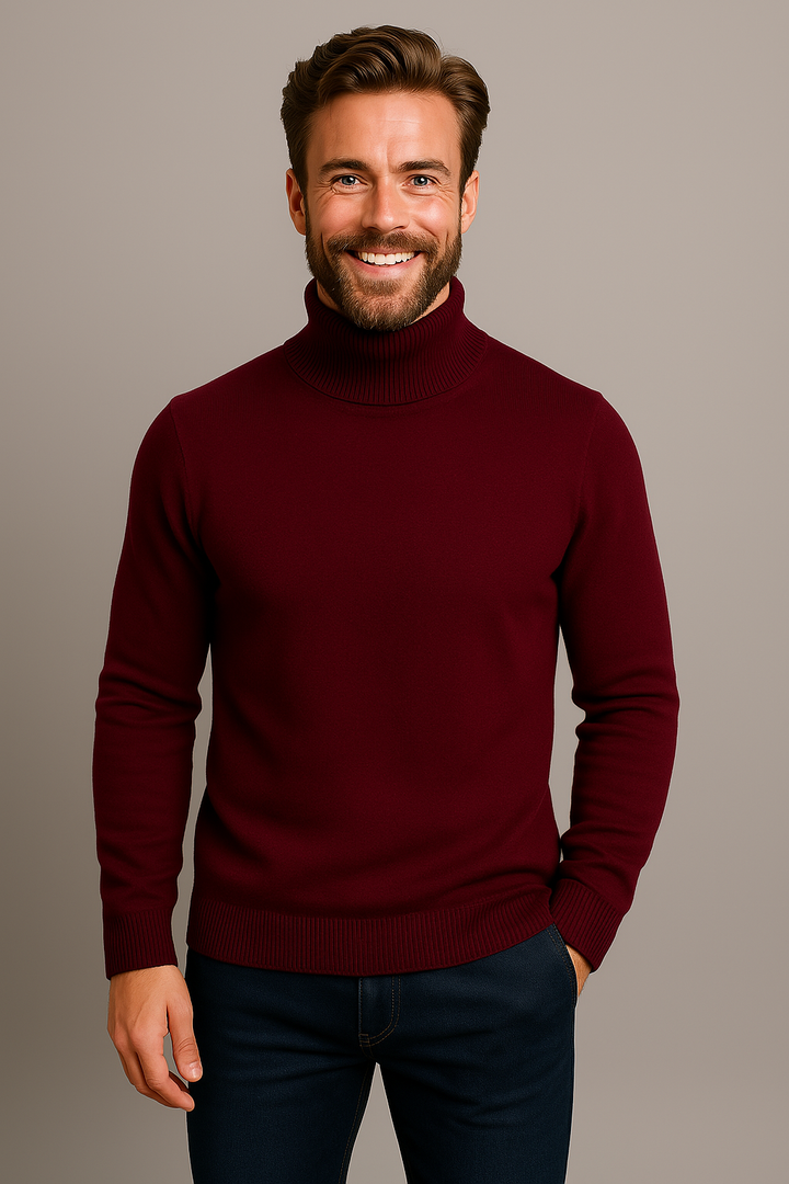 Man wearing a tailored roll neck polo sweater, suitable for smart casual evening wear.