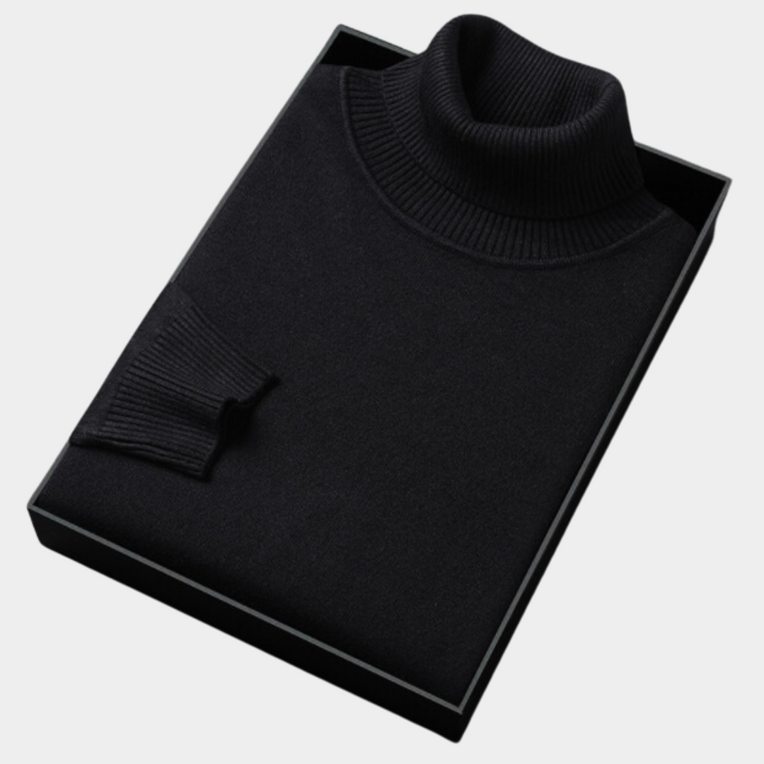 Men's long sleeve polo sweater with a cozy roll neck, great for smart casual evenings.