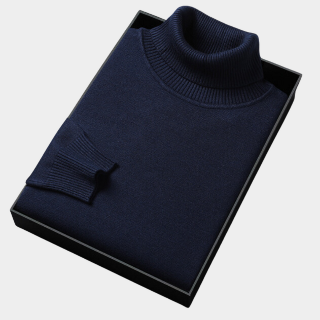 Elegant men's fashion: tailored roll neck polo sweater, perfect for evening wear.