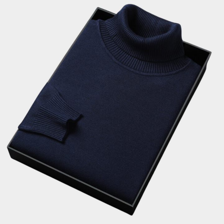 Elegant men's fashion: tailored roll neck polo sweater, perfect for evening wear.