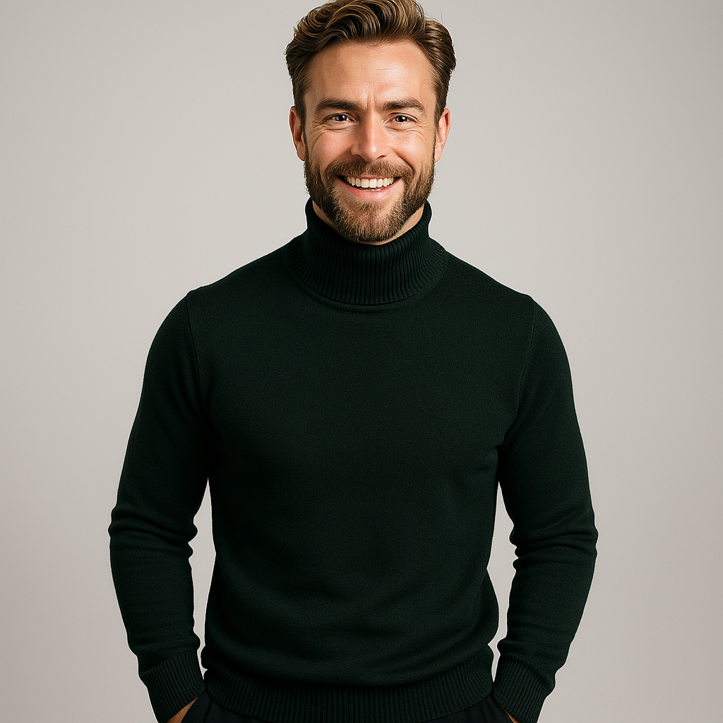 Sophisticated men's roll neck polo sweater, a long sleeve top for smart casual evenings.