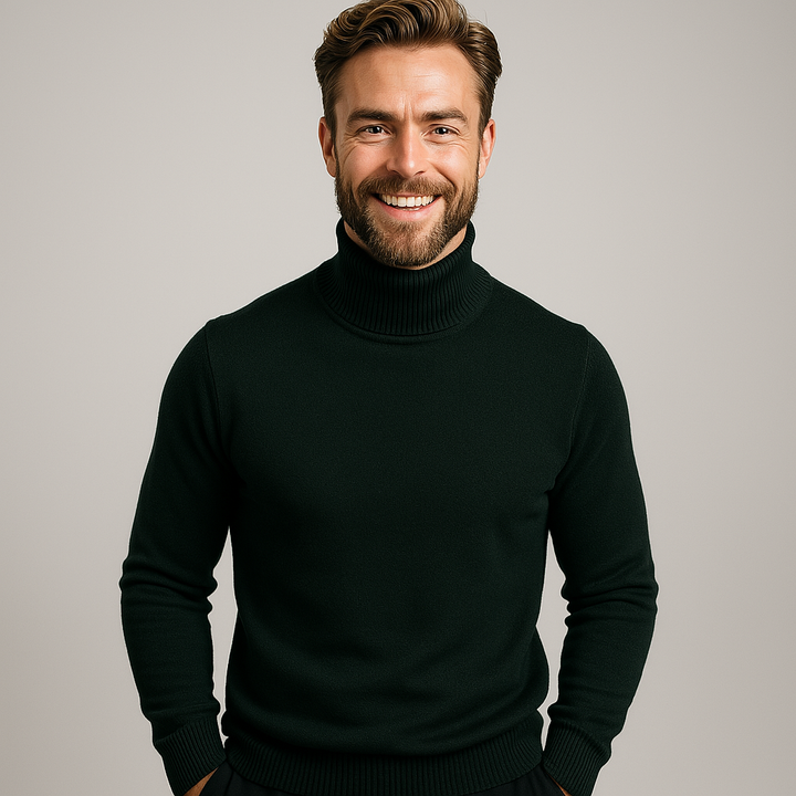Sophisticated men's roll neck polo sweater, a long sleeve top for smart casual evenings.