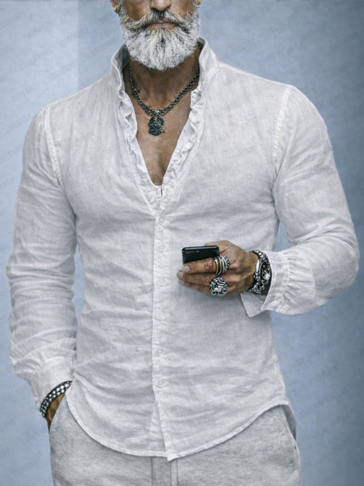 Men's ruffled neck slim fit long sleeve button-up shirt in white, perfect for modern casual fashion.