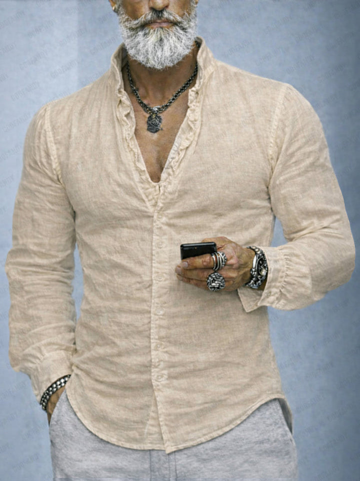 Stylish men's slim fit shirt featuring a unique ruffled neck and long sleeves, ideal for versatile everyday wear.