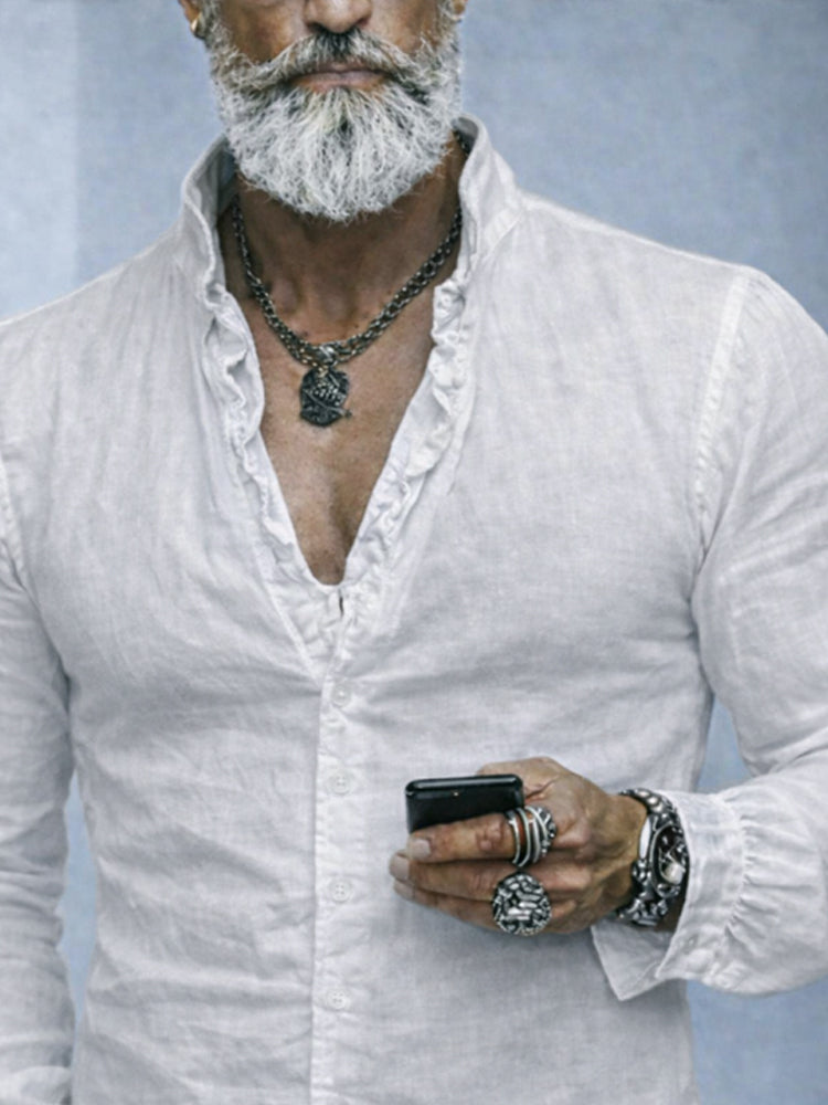 Modern men's long sleeve button-up shirt with a flattering slim fit and distinctive ruffled collar.